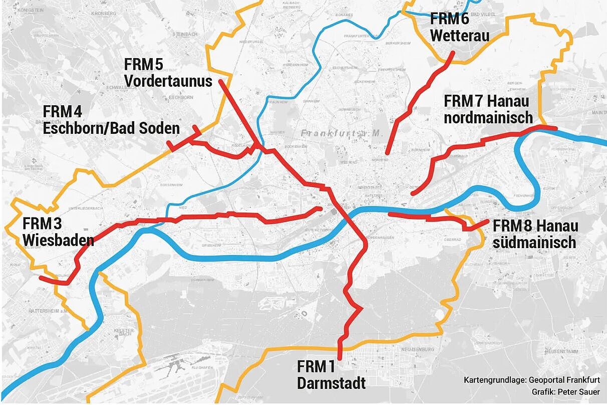 Die geplanten Radschnellwege, die nach und Frankfurt hindurch führen sollen, werden dargestellt