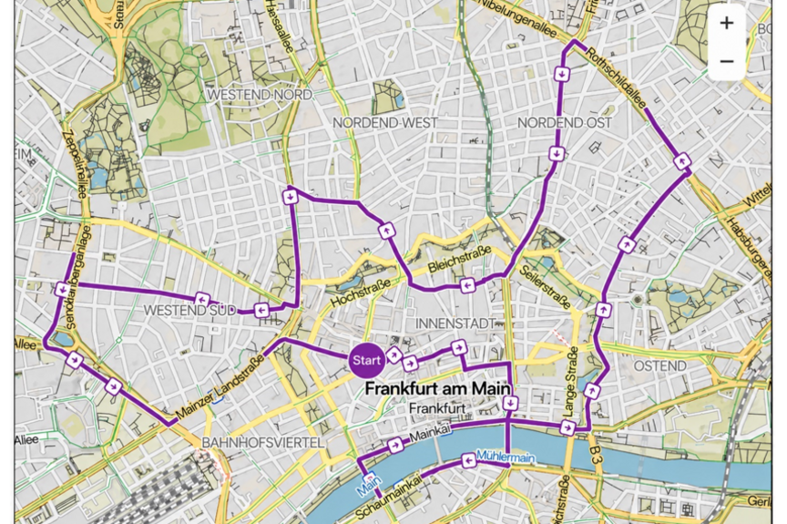 Die Strecke des ersten hessischen Fancy Women Bike Rides Auf dieser Strecke rollt der erste hessische Fancy Women Bike Ride durch Frankfurt.