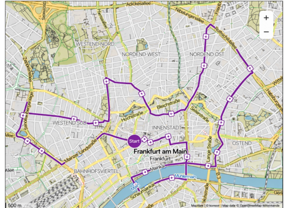Auf dieser Strecke rollt der erste hessische Fancy Women Bike Ride durch Frankfurt.