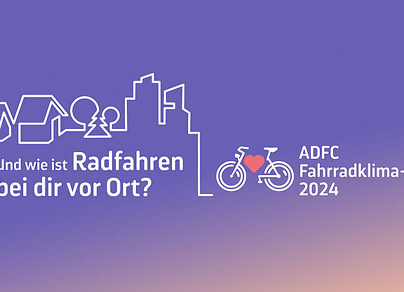 ADFC Fahrradklimatest Das Bild zeigt das Logo des ADFC Fahrradklimatests, eine stilisierte Stadt mit Fahrrad